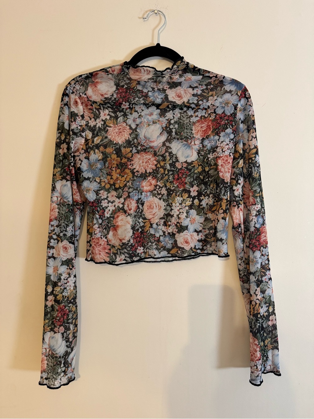 Floral Mesh Long-Sleeve Crop Top - Black/Multicolor